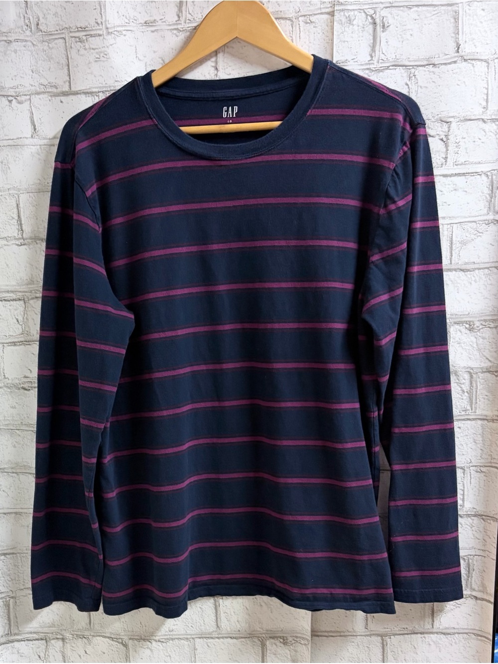 GAP Men’s Navy Long-Sleeve Crewneck with Purple/Burgundy Stripes